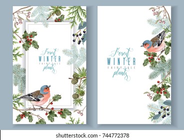 Vector vintage banners with winter forest branches and birds. Highly detailed winter design for Christmas greeting card, party invitation, holiday sales. Can be used for poster, web page, packaging