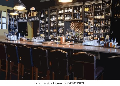 vector of the vintage bar with a long, dark wood counter lined with a row of worn, dark brown leather bar stools. The bar is dimly lit with warm, ambient lighting and has a vintage neon sign above it.