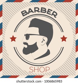 Vector vintage barber shop logo for design. Hipster Man, Hairdresser Logo. retro label badge emblem. Vintage logotype. Man in sunglasses portrait.