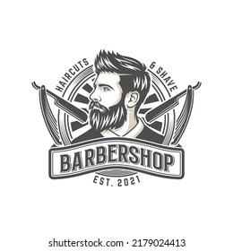 Vector vintage barber shop logo for your design. For Label, Badge, Sign or Advertising. Hipster Man, Hairdresser Logo.