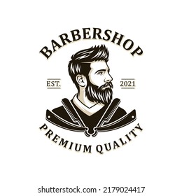 Vector vintage barber shop logo for your design. For Label, Badge, Sign or Advertising. Hipster Man, Hairdresser Logo.