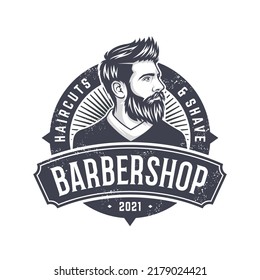 Vector vintage barber shop logo for your design. For Label, Badge, Sign or Advertising. Hipster Man, Hairdresser Logo.