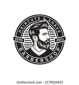 Vector vintage barber shop logo for your design. For Label, Badge, Sign or Advertising. Hipster Man, Hairdresser Logo.