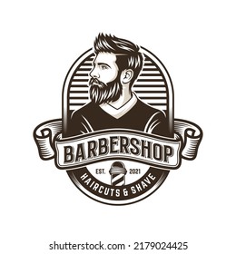 Vector vintage barber shop logo for your design. For Label, Badge, Sign or Advertising. Hipster Man, Hairdresser Logo.