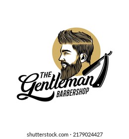 Vector vintage barber shop logo for your design. For Label, Badge, Sign or Advertising. Hipster Man, Hairdresser Logo.