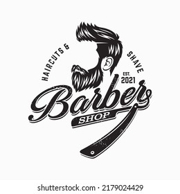 Vector vintage barber shop logo for your design. For Label, Badge, Sign or Advertising. Hipster Man, Hairdresser Logo.