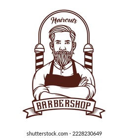 Vector vintage barber shop logo for your design. For Label, Badge, Sign or Advertising. Hipster Man, Hairdresser Logo.
