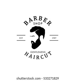 Vector Vintage Barber Shop Logo For Your Design. For Label, Badge, Sign Or Advertising. Hipster Man, Hairdresser Logo.