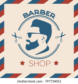 Vector vintage barber shop logo for design. Hipster Man, Hairdresser Logo. retro label badge emblem. Vintage logotype. Man in sunglasses portrait.