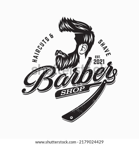 Vector vintage barber shop logo for your design. For Label, Badge, Sign or Advertising. Hipster Man, Hairdresser Logo.