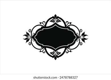 Vector vintage baroque calligraphy border frame card ornament flower motif Arabic Islamic retro pattern ornate silhouette black artwork illustration.