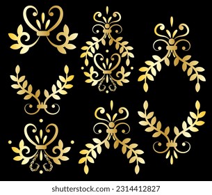 Vector vintage baroque damask golden gradient element set. Collection of retro curve floral decoration isolated on black background.