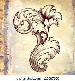 Vector vintage baroque engraving floral scroll filigree design frame border acanthus pattern element at retro grunge background