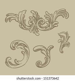 Vector vintage baroque engraving floral scroll filigree design 