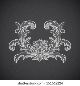Vector vintage baroque engraving floral scroll filigree design on chalkboard