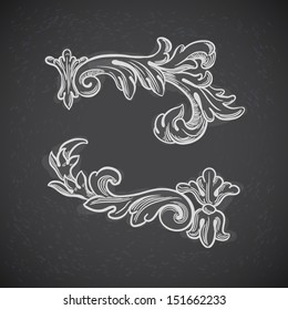 Vector vintage baroque engraving floral scroll filigree design on chalkboard