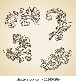 Vector vintage baroque engraving floral scroll filigree design