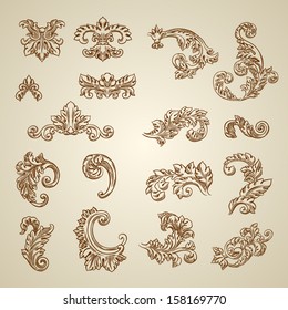 Vector vintage baroque engraving floral scroll filigree design