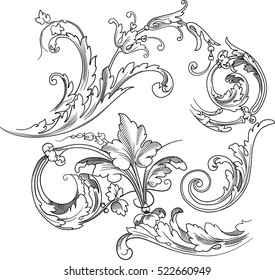 Vector vintage baroque engraving floral scroll filigree design  acanthus pattern element 