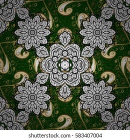 Vector vintage baroque floral pattern in gold. Golden pattern on green background with golden elements. Ornate decoration. Luxury, royal and Victorian concept.