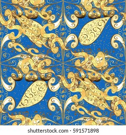 Vector vintage baroque floral pattern in gold. Ornate decoration. Luxury, royal and Victorian concept. Golden pattern on blue background with golden elements.