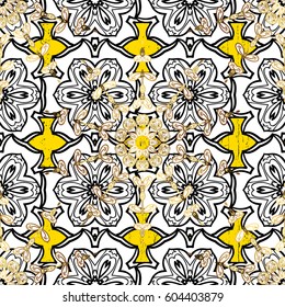 Vector vintage baroque floral pattern in gold. Ornate decoration. Luxury, royal and Victorian concept. Golden pattern on yellow background with golden elements.