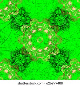 Vector vintage baroque floral pattern in gold. Luxury, royal and Victorian concept. Golden pattern on green background with golden elements. Ornate decoration.