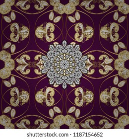 Vector vintage baroque floral seamless pattern in gold. Ornate decoration. Luxury, royal and Victorian concept. Golden pattern on purple, beige and brown colors with golden elements.