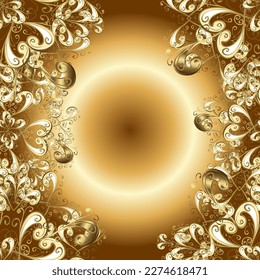 Vector vintage baroque floral seamless pattern in gold. Ornate decoration. Golden pattern on a brown, yellow and beige colors with golden elements. Luxury, royal and Victorian concept.