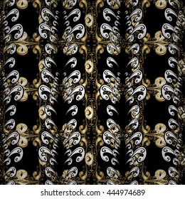 Vector vintage baroque floral seamless pattern in gold. Ornate decoration. Luxury, royal and Victorian concept. Golden pattern on black colors with golden elements.