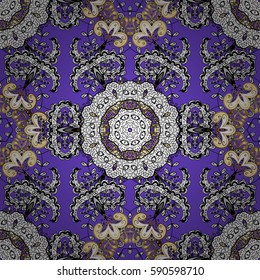 Vector vintage baroque floral seamless pattern in gold. Luxury, royal and Victorian concept. Golden pattern on violet background with golden elements. Ornate decoration.