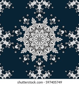 Vector vintage baroque floral seamless pattern in white. Ornate decoration. Luxury, royal and Victorian concept. Pattern on a blue background with white elements.