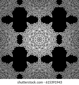 Vector vintage baroque floral seamless pattern in white. White pattern on a black background with white elements.