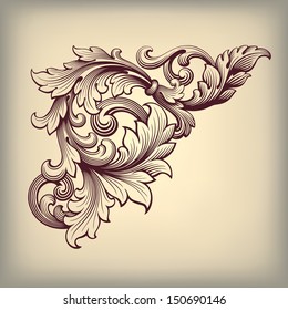 Vector Vintage Baroque Scroll Design Frame Corner Pattern Element Engraving Retro Style Ornament