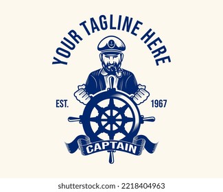 capitán de barco vintage con barba vectorial o capitán con sombrero de tubo y escudo para diseño de logotipo náutico para marineros