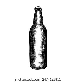 Vector vintage beer bottle sketch, illustration for design and decor, print, retro style, graphic for menus and bars, sticker, banner, poster, black and white illustration isolated on white background