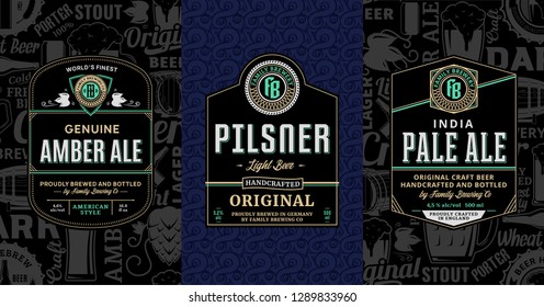 Vector vintage beer labels and packaging design templates. Pale ale, pilsner and amber ale labels. Brewing company branding and identity design elements.