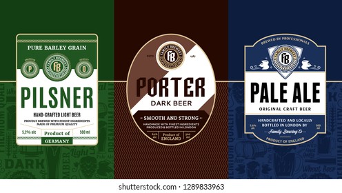 Vector vintage beer labels and packaging design templates. Pale ale, pilsner and porter labels. Brewing company branding and identity design elements.