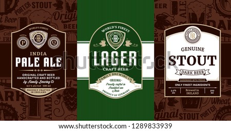 Vector vintage beer labels and packaging design templates. Pale ale, lager and stout labels. Brewing company branding and identity design elements.