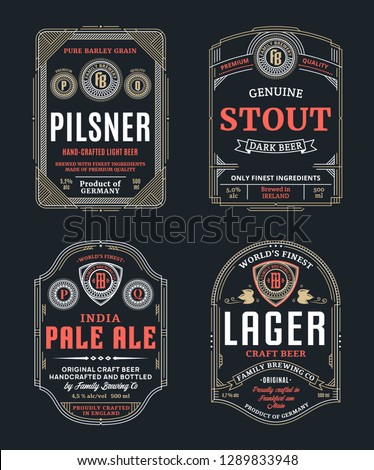 Vector vintage beer thin line labels and packaging design templates. Pilsner,stout, pale ale and lager labels. Brewing company branding and identity design elements.