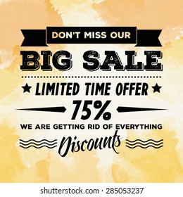 Vector vintage "Big Sale" poster with watercolor background and retro typography
