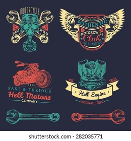 Vector vintage biker club logos set. Motorcycle repair signs. Retro hand sketched garage labels. Custom chopper store emblems.