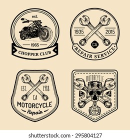 Vector vintage biker club logos set.  Motorcycle repair signs. Retro hand sketched garage labels. Custom chopper store emblems.