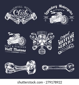 Vector vintage biker club signs. Motorcycle repair logos set. Retro hand sketched garage labels. Custom chopper store emblems.