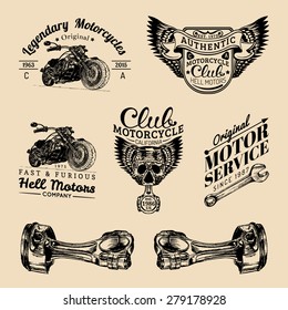 Vector vintage biker club signs. Motorcycle repair logos set. Retro hand sketched garage labels. Custom chopper store emblems.