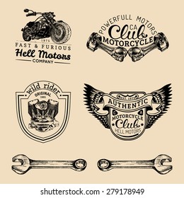 Vector vintage biker club signs. Motorcycle repair logos set. Retro hand sketched garage labels. Custom chopper store emblems.