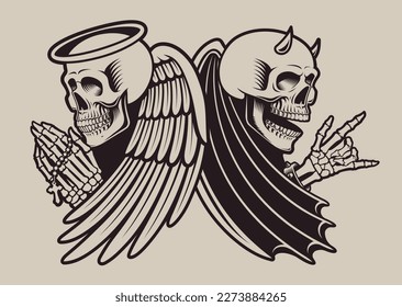 Vector vintage biker illustration skull angel and devil with wings on a light background 