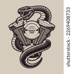 Vector vintage biker illustration snake with engine and wings on a light background 