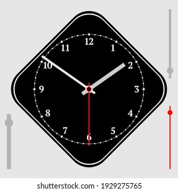 Vector vintage black diamond-shaped watch dial with arrows. Red numbers. Illustration clip-art