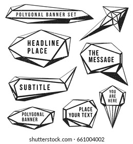 vector vintage black monochrome polygonal labels grunge texture decoration banners set isolated on white background 